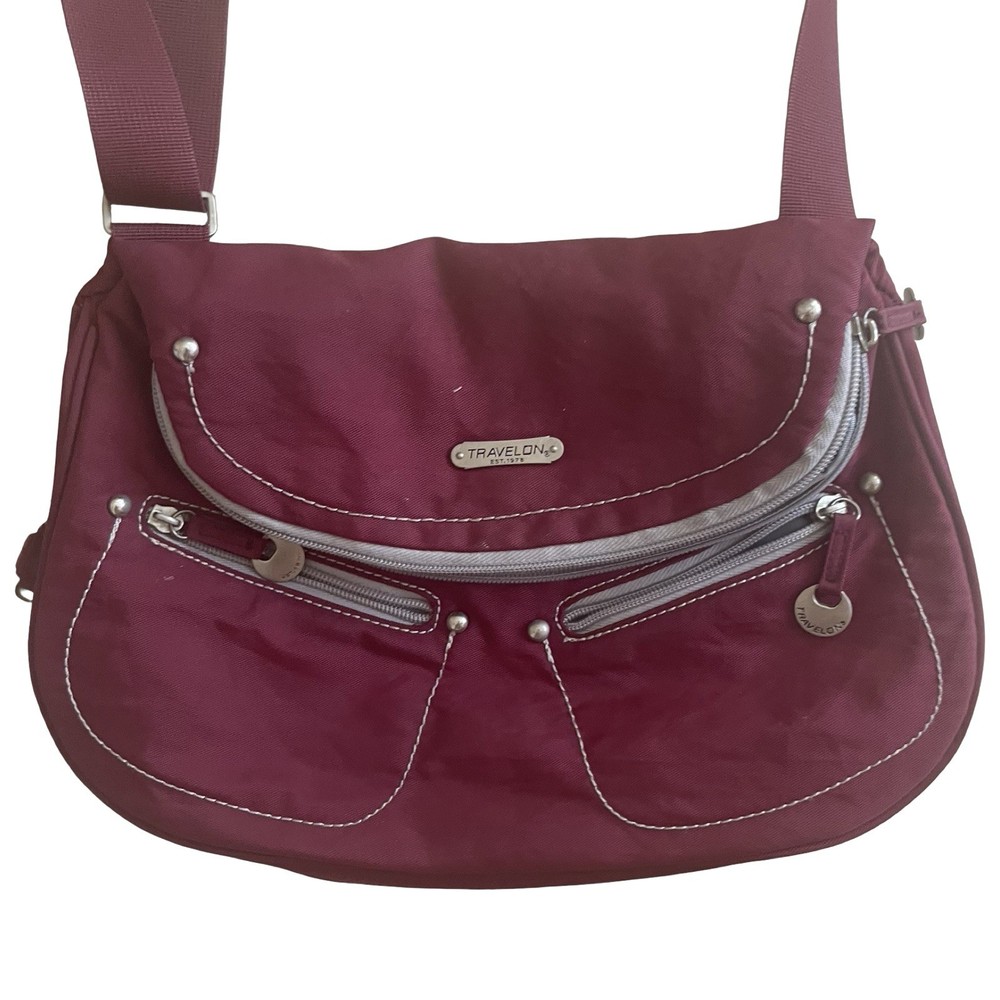 Travelon Anti Theft Crossbody Foldover Burgundy Gray Nylon Travel Bag Purse