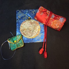 Asian Inspired Brocade Zippered Jewelry Roll Pouch Purse Set 3pc Travel Vintage