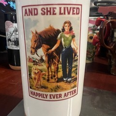 « AND SHE LIVED HAPPILY EVER AFTER » Travel Mug Coffee Cup Cowgirl Horse Dog 12oz