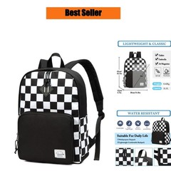 VASCHY School Travel Backpack Lightweight Black White Plaid Daypack