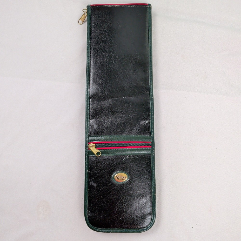 Tie Rack London Vintage Black Faux Leather Travel Tie Case Organizer Green Trim