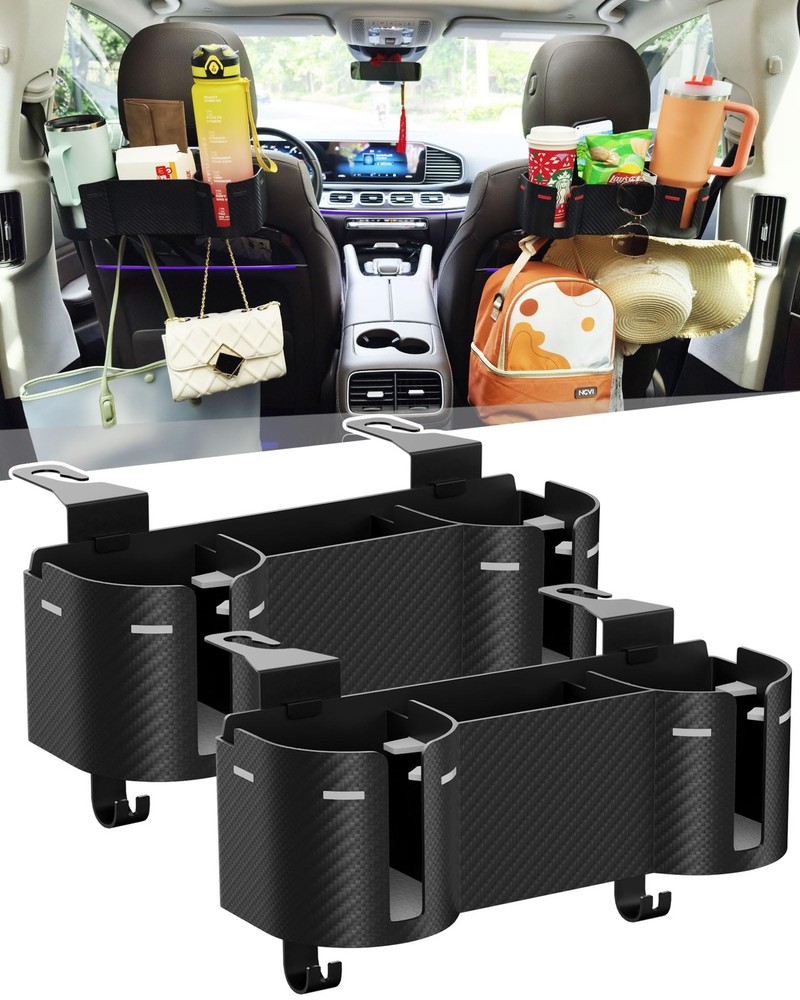 Car Headrest Backseat Cup Holder 3.7&Prime; with Organizer, High 2 Pack, GREY+BLACK