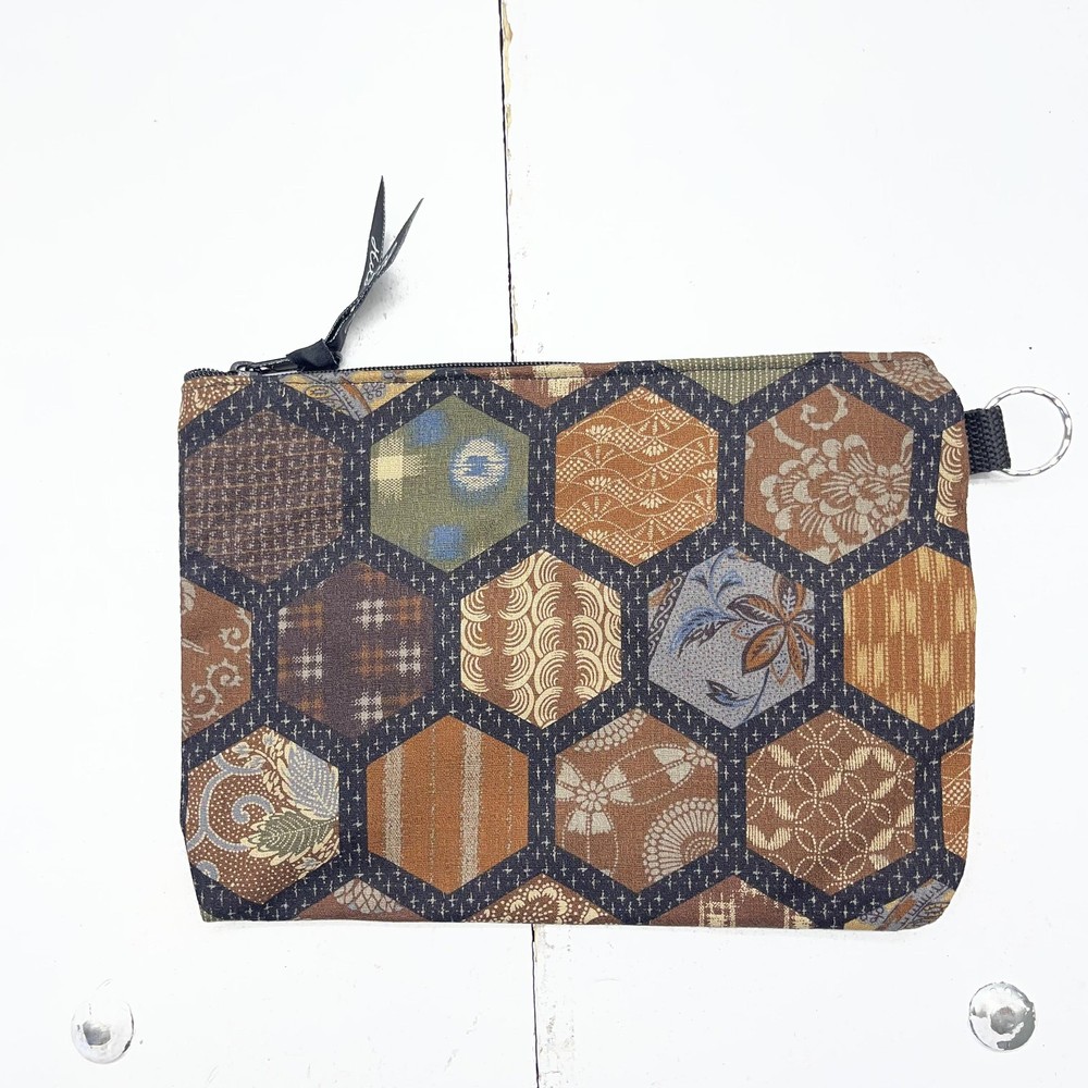 Hilo Bay Hexagon Patchwork Zip Pouch Cosmetic Makeup Bag Clutch Brown Multi