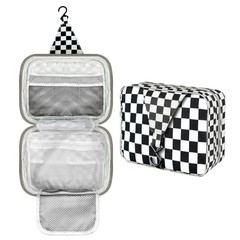Travel Toiletry Bag with Hanging Hook () Checkered Black Fabric