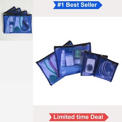 Travel Packing Organizer Pouches Set of 4 Blue Mesh Zippered Cosmetic Bag Tech