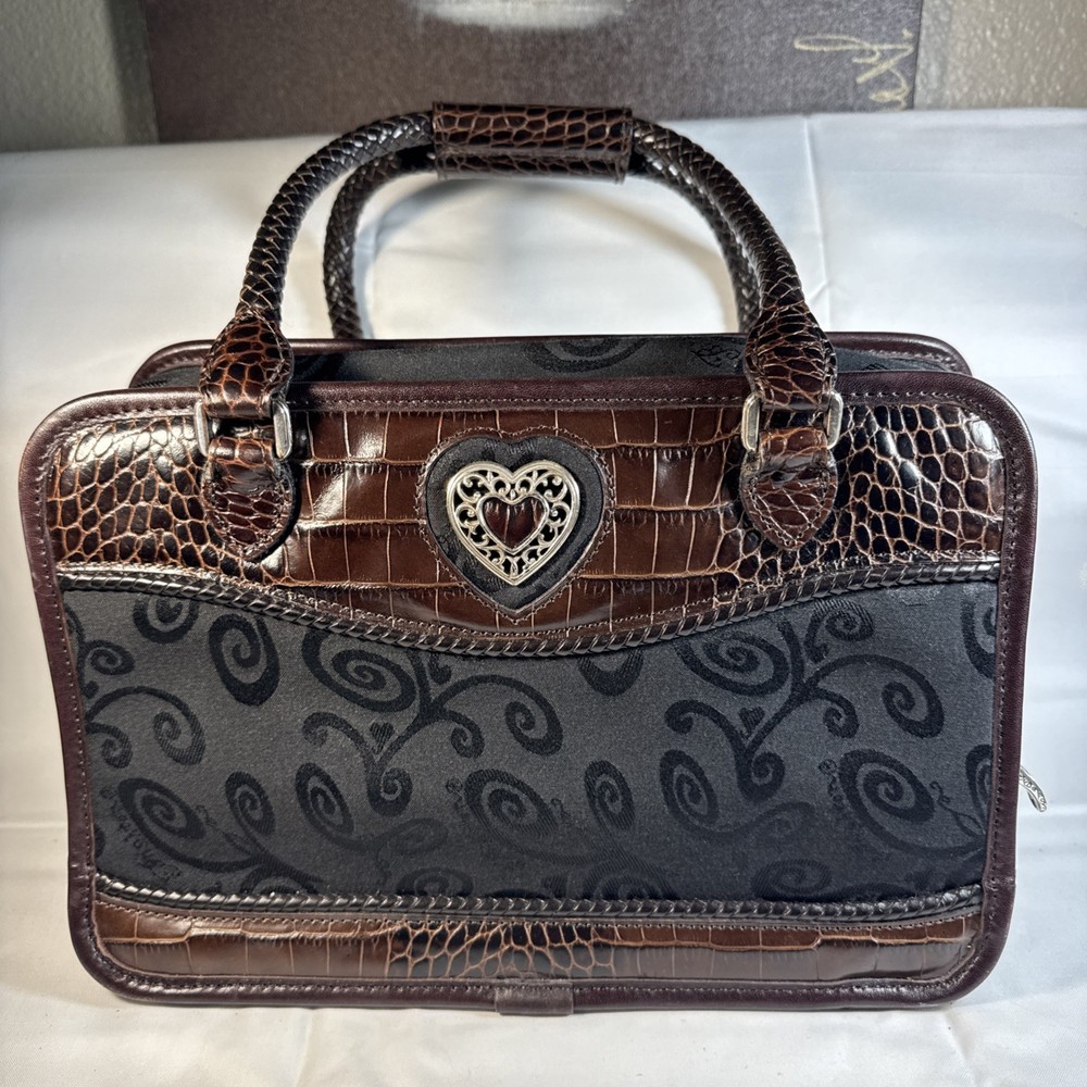 Vtg Brighton Lansky Makeup Travel Toiletry Bag Brown Croc Leather Black Canvas