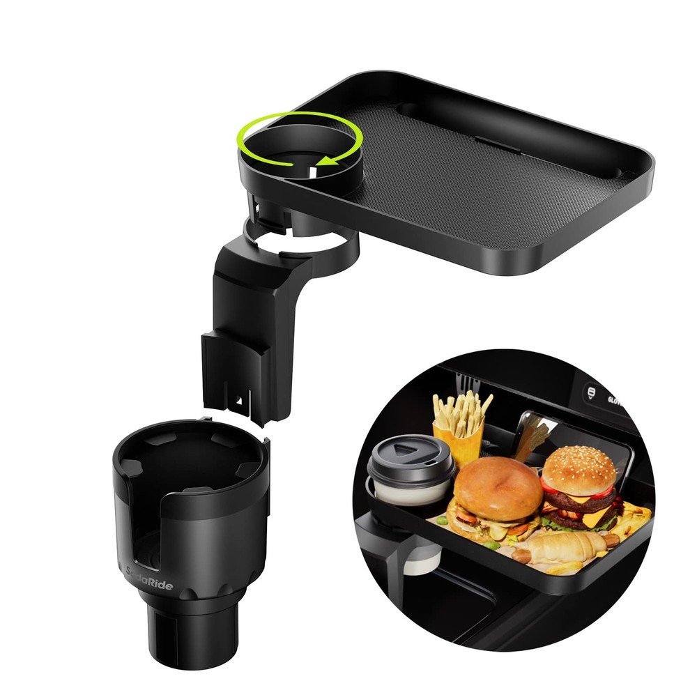 SodaRide Car Cup Holder Tray -Expander- 3 in 1 1 cup holder + 1 tray, Black