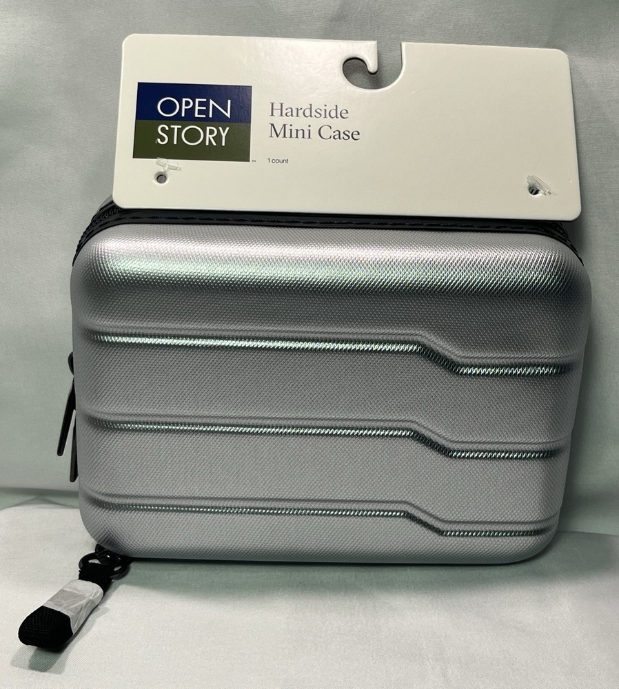 Open Story Hardside Mini Case Silver Travel Organizer 7x5x3 Zipper Storage