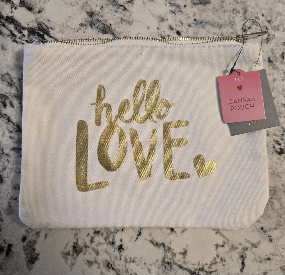 Cute HELLO LOVE Large Cotton Canvas Zippered Pouch Travel Gift Gold & Cream NWT