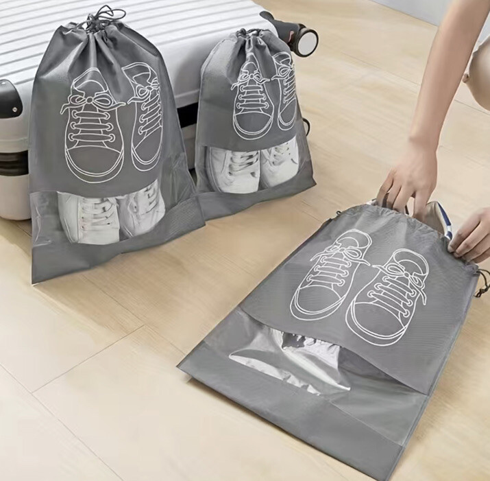 2 Drawstring Travel Shoe Bags Dust Proof Storage Pouch Organizer Gray Clear New