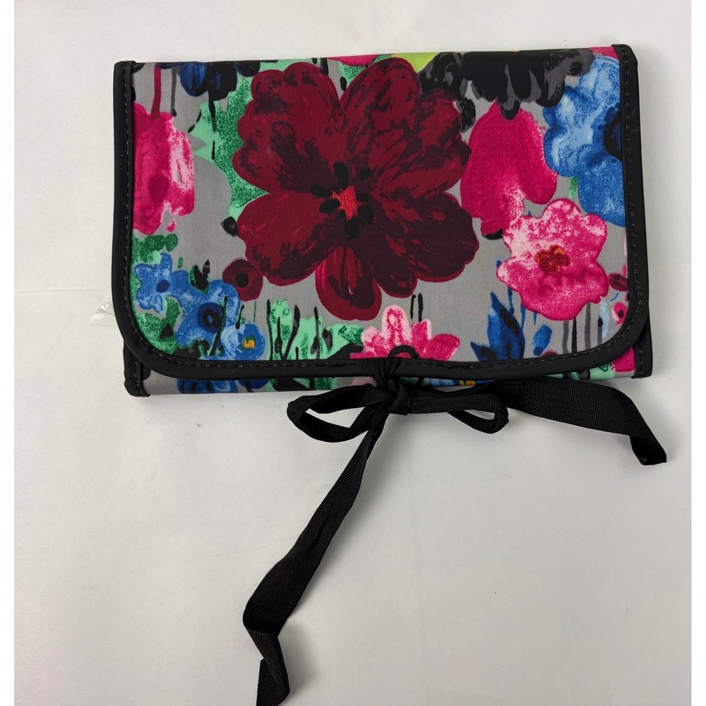 Thirty One Jewelry Travel Organizer Makeup Gray Floral Ribbon Tie Portable Wrap