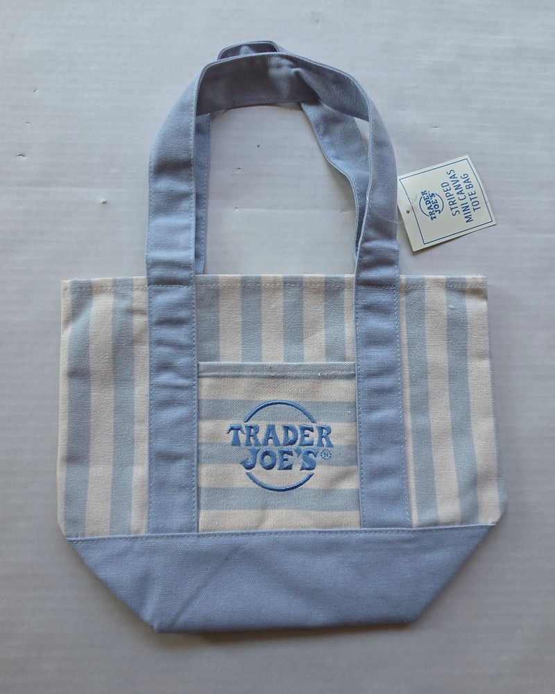 One (1) Trader Joe&rsquo;s Striped Mini Canvas Tote Bag – Light Blue