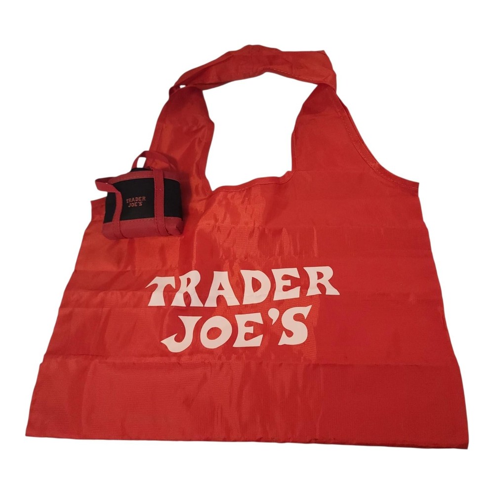 Trader Joe&rsquo;s Red Foldable Reusable Shopping Tote Grocery Bag Mini Pouch Logo