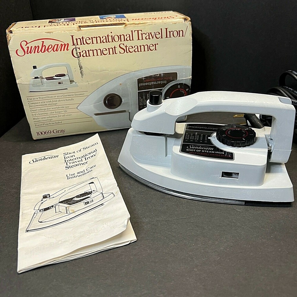 Vtg Sunbeam International Travel Iron Garment Steamer #10069 Gray Works Orig Box