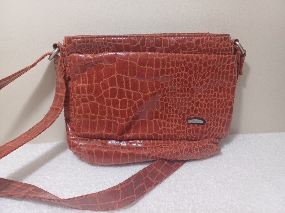 Travelon VTG Crossbody Anti- theft Orange Purse Multiple Pockets Zippered Croco