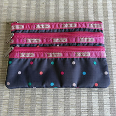 LeSportsac Small Travel Pouch Navy Polka Dot Pink Trim Multi Zip Makeup Case