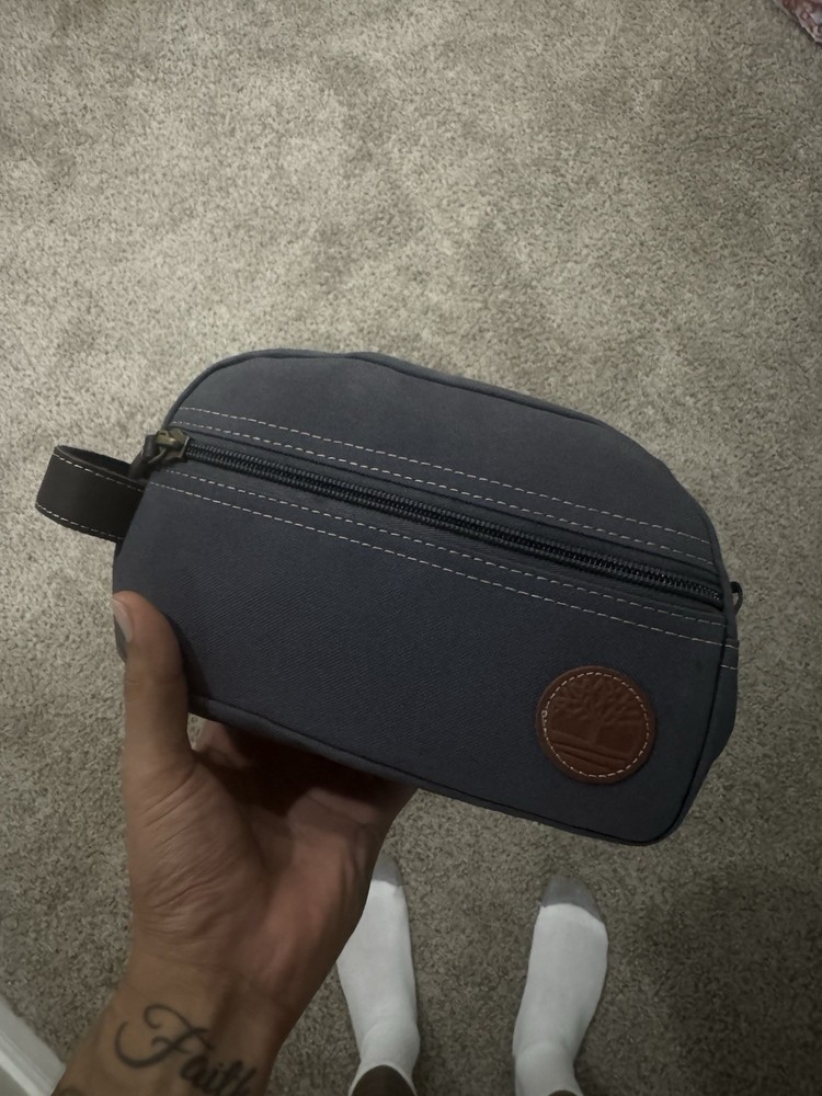 Gray Timberland Travel Toiletry Bag with Zipper, Handle, and Leather Patch