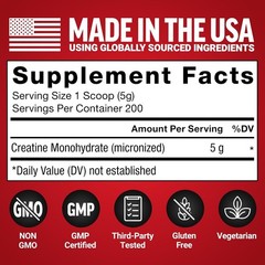 Force Factor Creatine Monohydrate Powder, 5g Micronized Dose Unflavored, 200 Ser