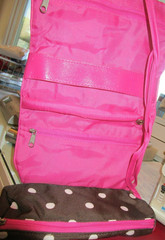 Pottery Barn Teen travel beauty roll coffee pink dots New