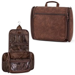 Large Hanging Toiletry Bag Men Travel Shaving Organizer 10 Compartments Brown