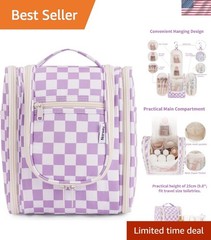 Versatile Hanging Toiletry Bag – Compact Checkered Makeup Organizer for Travel