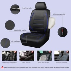 Universal FIT Piping Leather Two Front Seat Covers, Waterproof Faux Black Blue