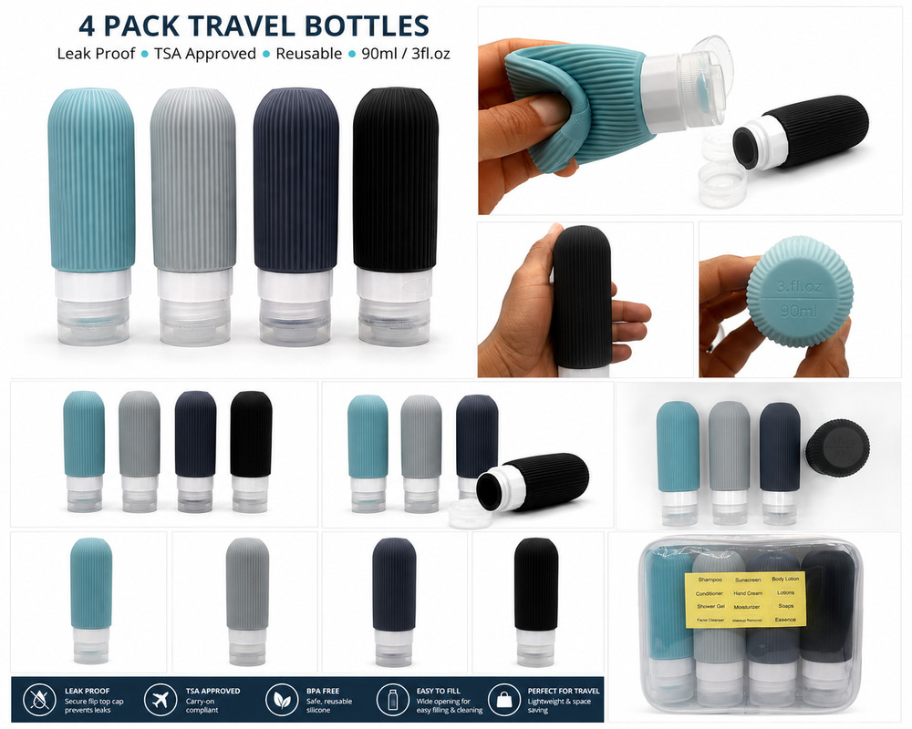 4x Silicone Travel Bottles Set Leak Proof TSA Approved 3oz Refillable Pouch Bag