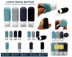 4x Silicone Travel Bottles Set Leak Proof TSA Approved 3oz Refillable Pouch Bag