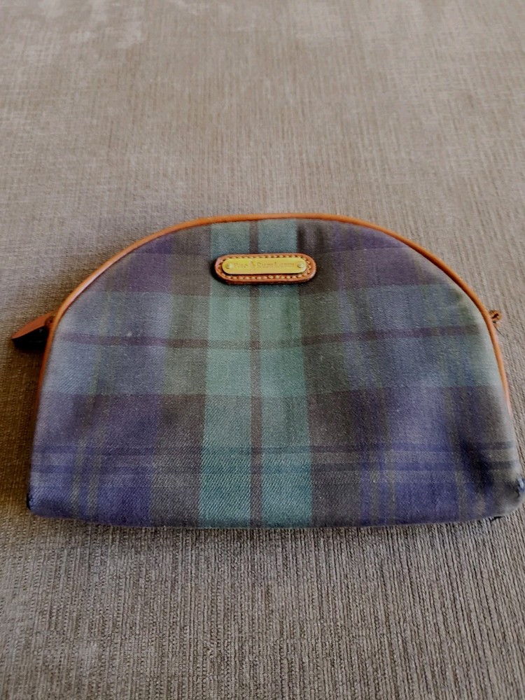 Vtg POLO RALPH LAUREN Green Plaid Canvas Lthr Cosmetic Make Up Bag Zip 6&Prime;x7.5&Prime;