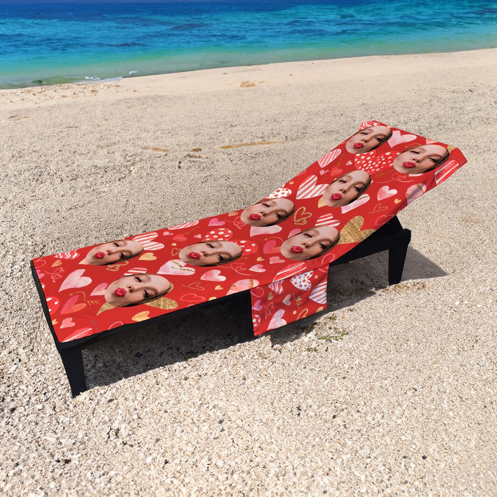 Personalised Face All Over Love Heart Full Length Sun Lounger Towel with Pocket