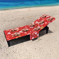 Personalised Face All Over Love Heart Full Length Sun Lounger Towel with Pocket