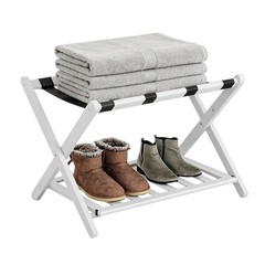 2pcs Wooden Luggage Rack Double Tier Foldable Suitcase Stand White Hotel Bedroom