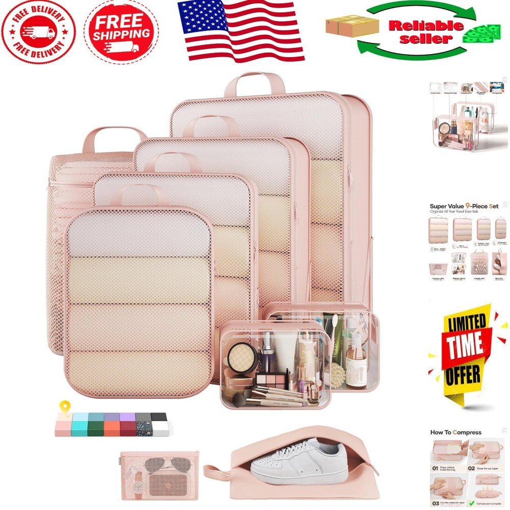 9-Piece Compression Packing Cubes Set – Space-Saving Travel Organizers in Beige