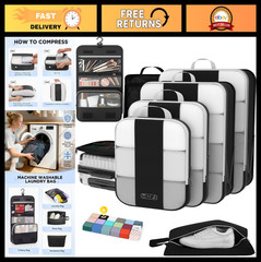 8 Set Compression Packing Cubes for Travel, Expandable Luggage Organizers, Black