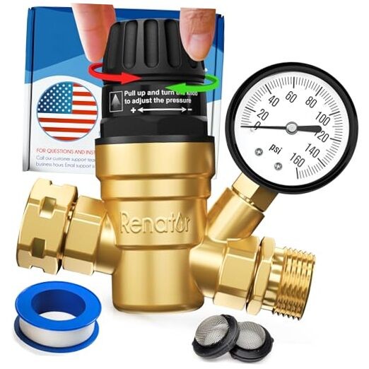 RV Water Pressure Regulator for RV Camper. Brass Lead-free Adjustable Water
