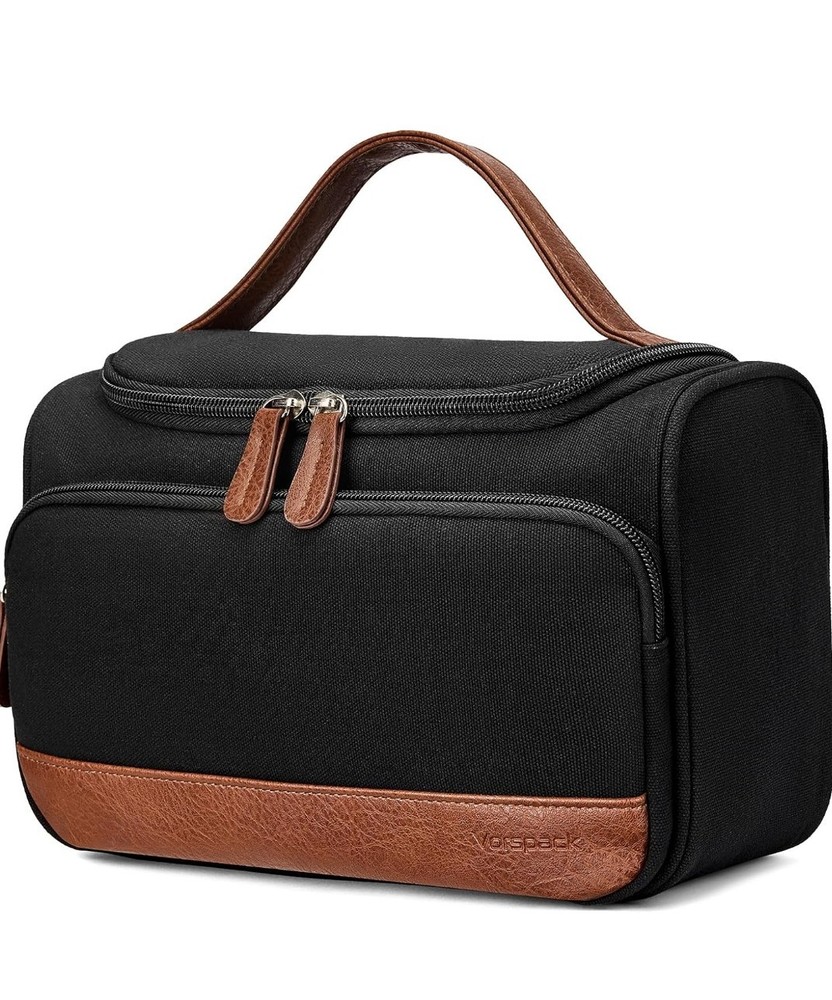 Structured Canvas Toiletry Bag Medium Stand-Up Dopp Kit Wet Dry Pocket Organizer