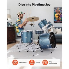 Drum Set, 5-Piece 22 in Junior Drum Sets, Beginner Drums Set with Adjustable Thr