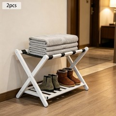 2pcs Wooden Luggage Rack Double Tier Foldable Suitcase Stand White Hotel Bedroom