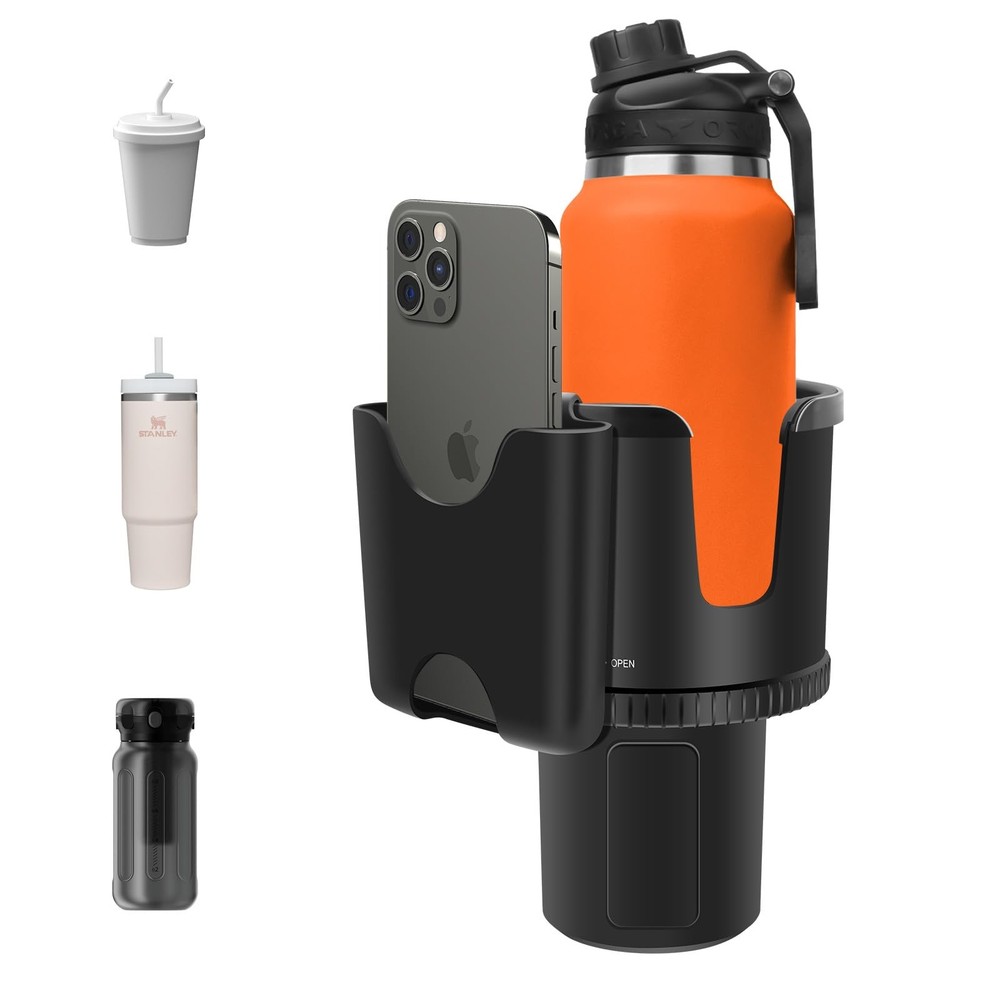 Car Cup Holder Expander with Phone Holder, 2 in 1 Big black, orange