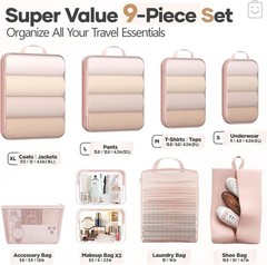9-Piece Compression Packing Cubes Set – Space-Saving Travel Organizers in Beige