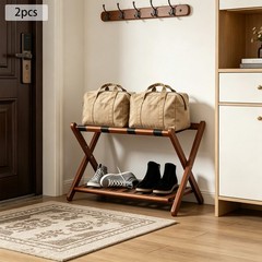 2Pcs Brown Foldable Luggage Rack, Wooden Suitcase Stand, Hotel Room Organizer