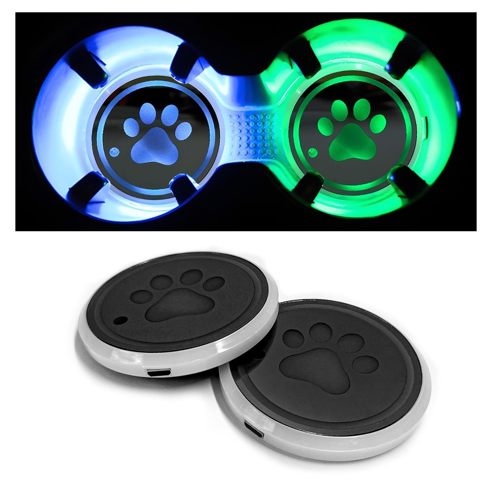 ZNDAW 2PCS LED Cup Holder Lights, 7 Colors Changing Dog Paw Car Coaster