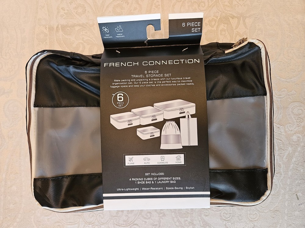 French Connection 6pc Black Travel Storage Set Ultra Lightweight Water Resistant