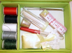 GREEN BIRD EMBROIDERED TRAVEL SEWING BOX SCISSORS NEEDLES PINS BUTTONS THIMBLE