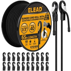 Bungee Cord Roll with 40-Piece 1/3 inch x 65ft + 40 DIY Hooks, Black