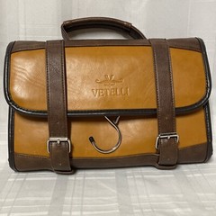 Vetelli Brown Vegan Leather Canvas Travel Accessory Toiletries Case Hanging Bag