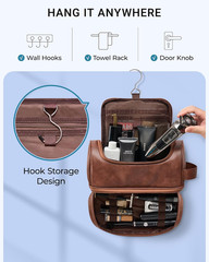Toiletry Bag for Mens PU Leather Travel Organizer Kit with Hanging Hook, Large W