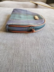 Vtg POLO RALPH LAUREN Green Plaid Canvas Lthr Cosmetic Make Up Bag Zip 6&Prime;x7.5&Prime;
