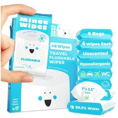 Travel-Friendly Flushable Wipes – Hypoallergenic, 99.5% Water & Aloe, 48 Count