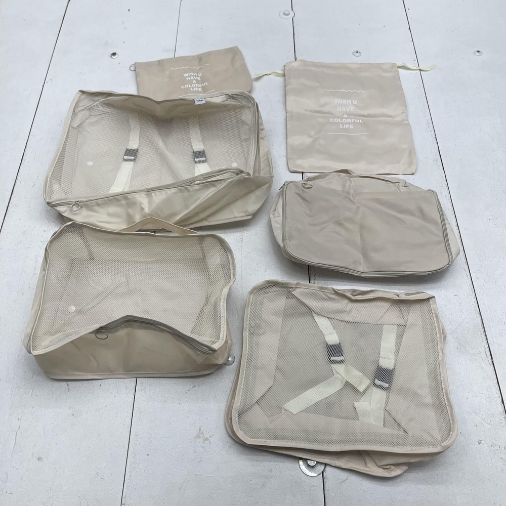 Packing Cubes Set 7 Piece Beige Mesh Travel Luggage Suitcase Organizer Bags